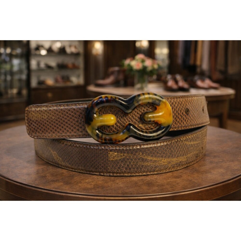 Rare Escada 90’s Brown Gold Leather Belt Tortoise Buckle Size L US 32
